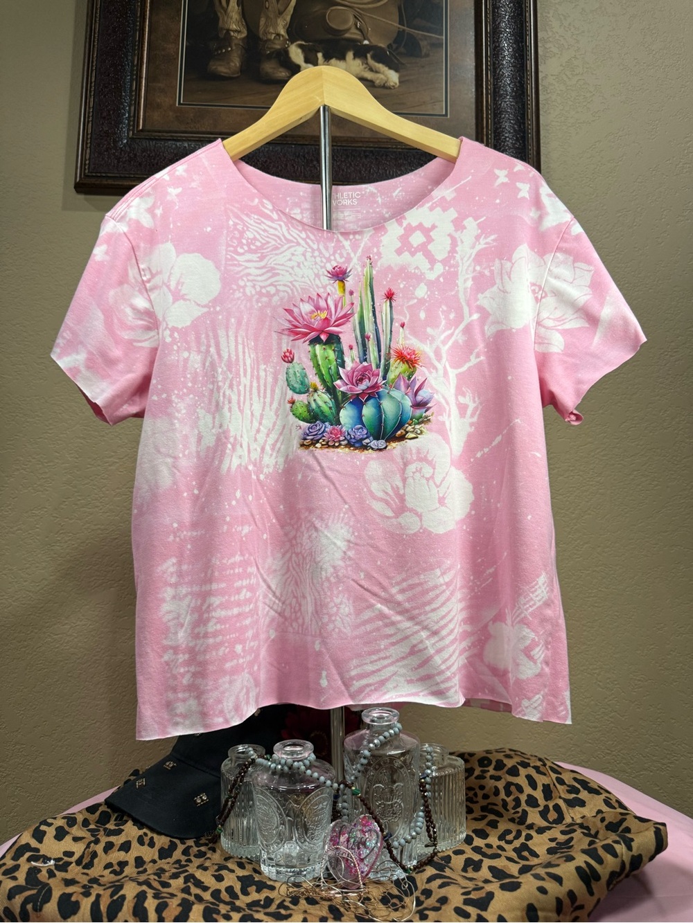 Pink Tee with bleach Botanical and animal Prints; cactus graphic design